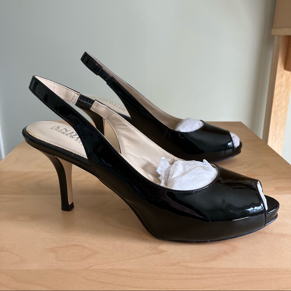 Andrew Stevens black patent leather Francesca heels, women’s size 7.5, worn once